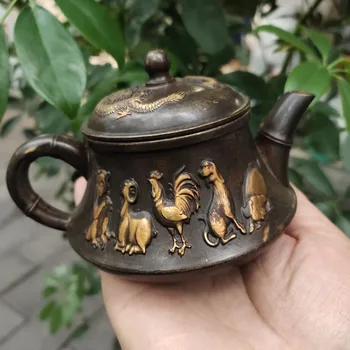 Antické bronzové zber antique brass pozlátené zverokruhu kanvica hip banky patinou starých domov čajový obrad