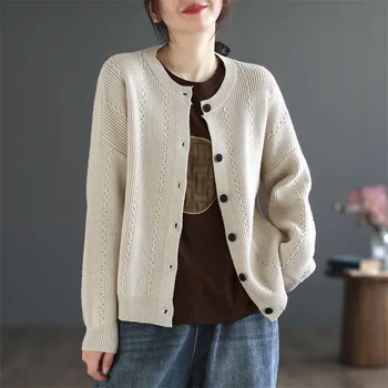 Bavlna pletený sveter ženy 2023 zimné nových prímestských všetky zodpovedajúce slim top ženskej literárnej vintage kolo krku kabát