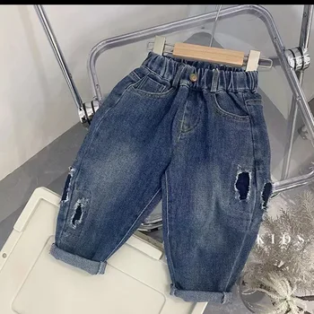 Chlapčenské roztrhané džínsy 2023 jeseň nové detské nohavice kórejský dieťa nohavice bežné nohavice deti šortky dievčatá
