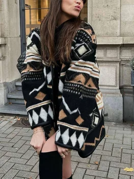 Jeseň Zima Geometrických Tlač Napodobniť Vlnené Kabát pre Ženy Vintage Príležitostné Voľné Čierne Hrubé Teplé Singel svojim Lady Outwear