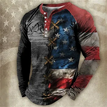 Pánske retro módou s dlhým rukávom T-shirt Eagles Tlače Usa T-shirt Top V-neck T-shirts Bežné Americké Vlajky Mužov Street Oblečenie