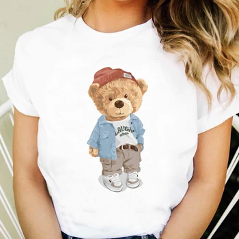 Vzor T-shirt Roztomilý Módne Krátky Rukáv Tlač Zábava Bežné Oblečenie pre Ženy Malého Medveďa 90. rokov Módne Univerzálne dámske tričko.